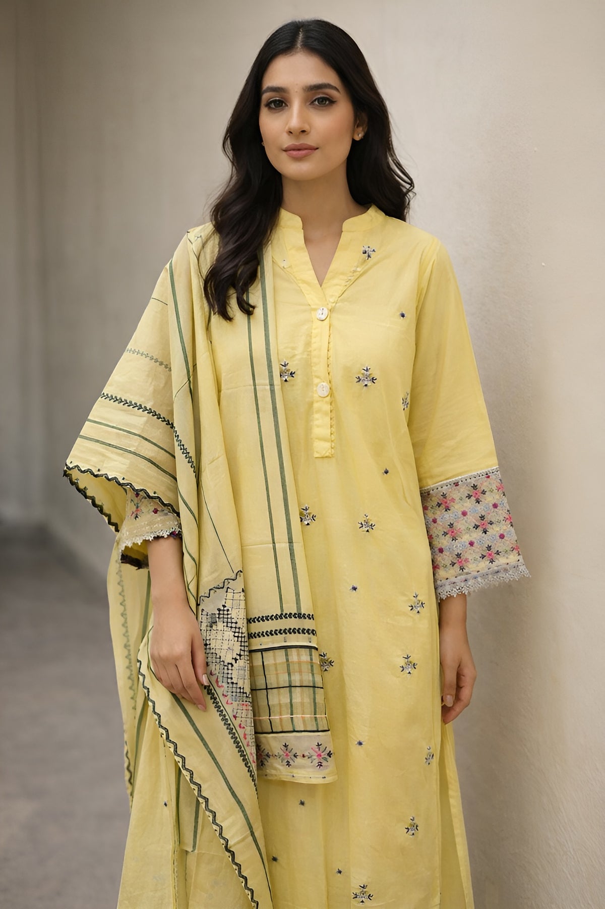 Mustard Yellow Casual Lawn Suit 3 Piece