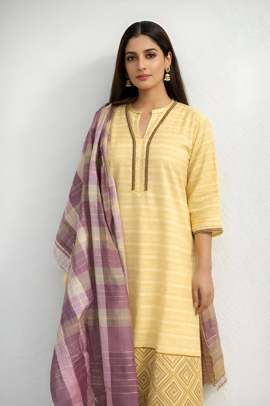 Yellow Check Pattern Lawn Suit with Dupatta 3 Piece