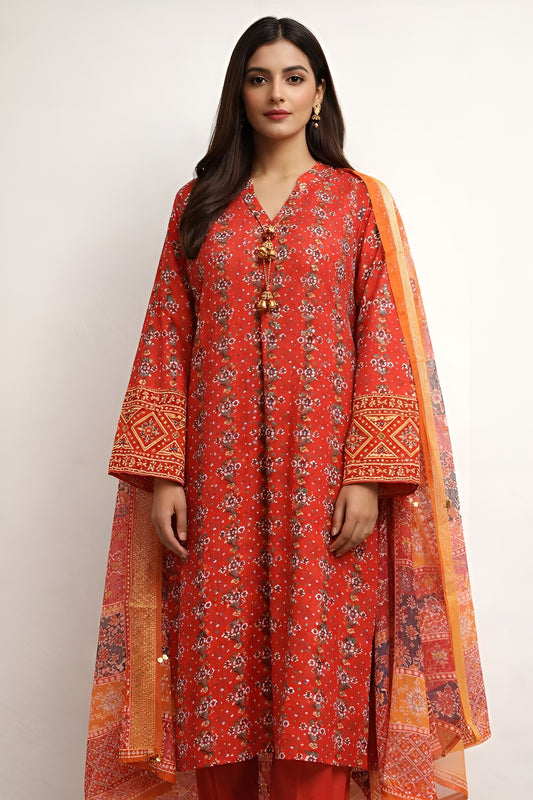 Classic Red Printed Lawn Suit with Dupatta 3 Piece