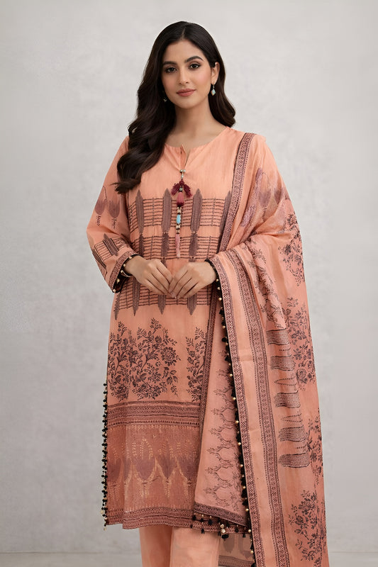 Peach Printed Traditional Lawn 3Piece Suit