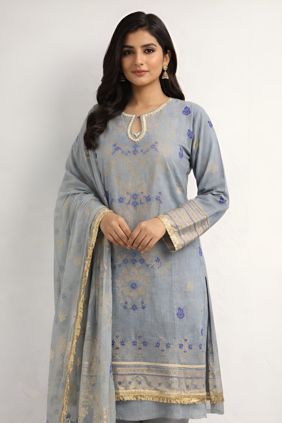 Grey Embroidered Lawn Suit with Dupatta