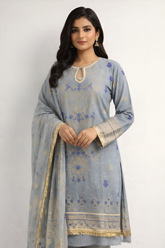Grey Embroidered Lawn Suit with Dupatta