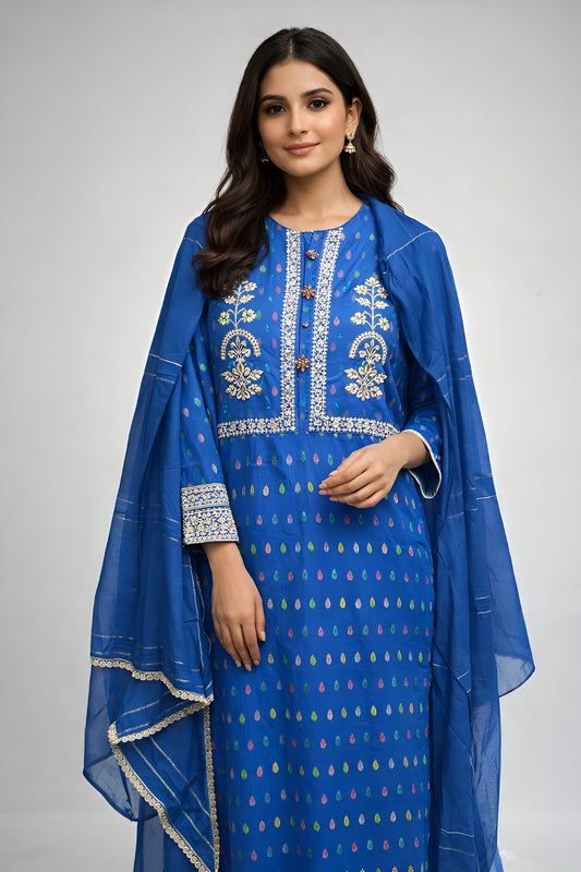 Royal Blue Printed Lawn 3 Piece Suit with Dupatta