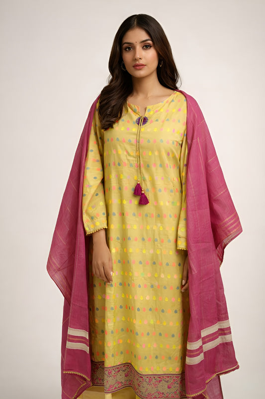 Vibrant Yellow Lawn Suit with Pink Dupatta 2 Piece