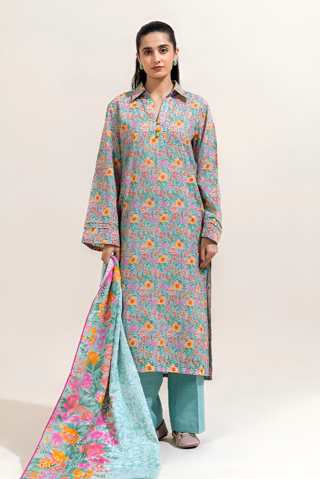2 PIECE PRINTED KHADDAR SUIT-AQUA BLOOM (UNSTITCHED)