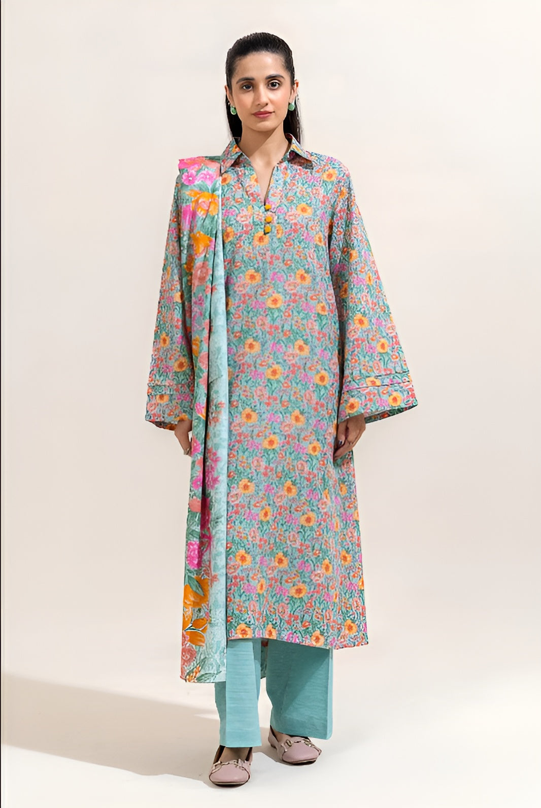 2 PIECE PRINTED KHADDAR SUIT-AQUA BLOOM (UNSTITCHED)