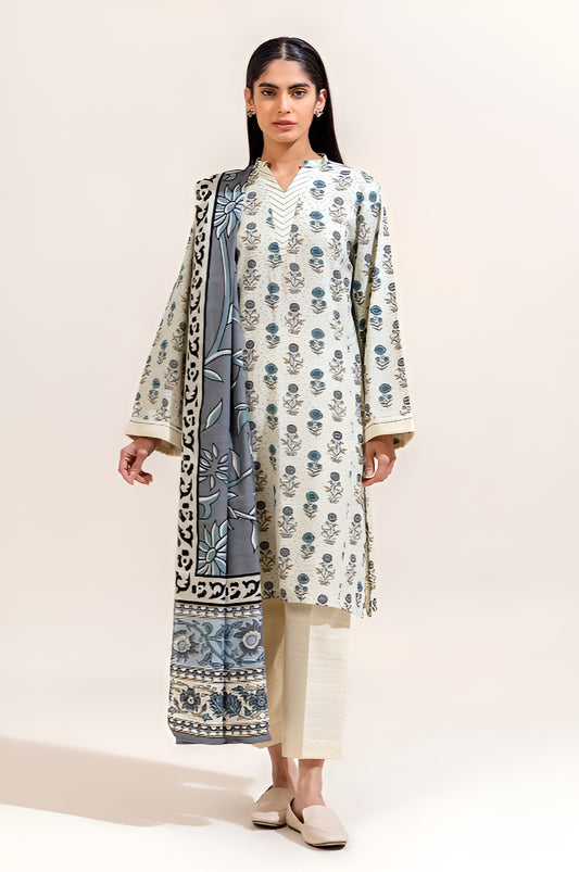 3 PIECE PRINTED KHADDAR SUIT-DOVE GREY (UNSTITCHED)