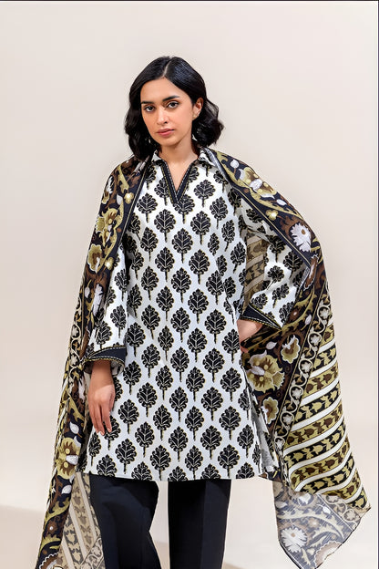 3 PIECE PRINTED KHADDAR SUIT-CHARCOAL TINT (UNSTITCHED)
