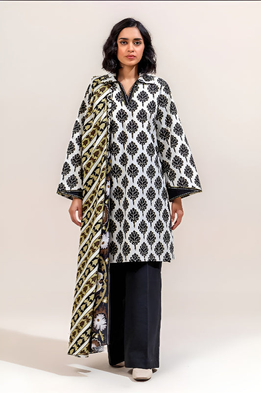 3 PIECE PRINTED KHADDAR SUIT-CHARCOAL TINT (UNSTITCHED)