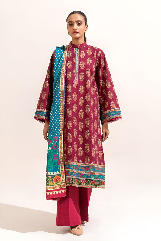 3 PIECE PRINTED KHADDAR SUIT-RED (UNSTITCHED)