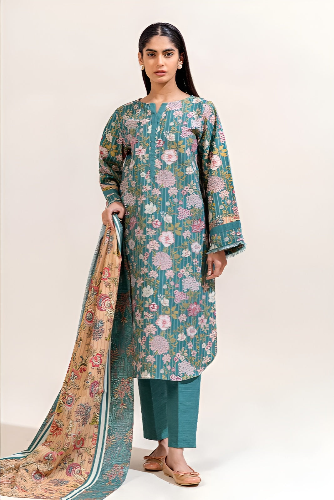 3 PIECE PRINTED KHADDAR SUIT-TURQOOISE GLOOM (UNSTITCHED)